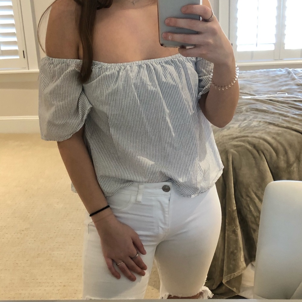 Striped express off the shoulder top!